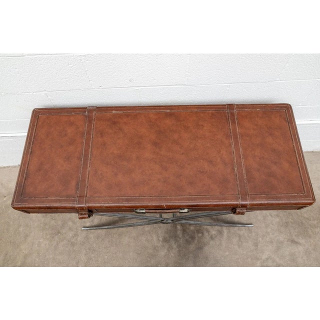 Mid 20th Century Vintage Leather Luggage Form Accent Table With Spayed Iron Base For Sale - Image 4 of 13