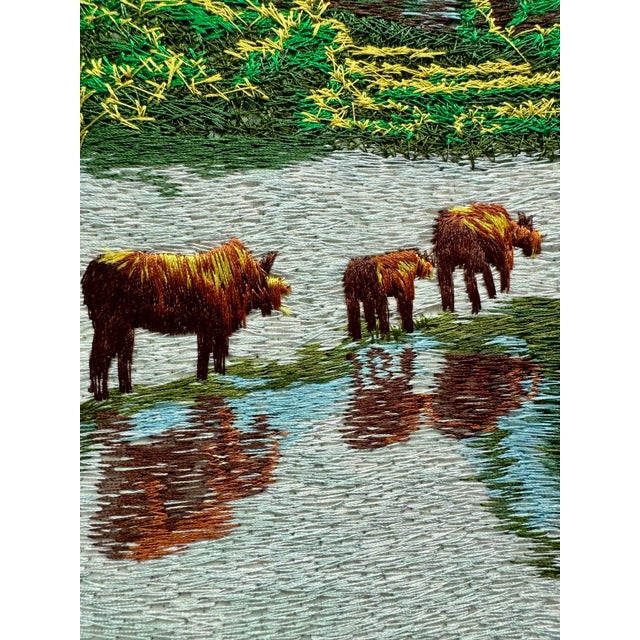Vintage Vietnamese Silk Hand Embroidery, River Landscape With Water Buffalo & Farmer, Framed For Sale In San Francisco - Image 6 of 8