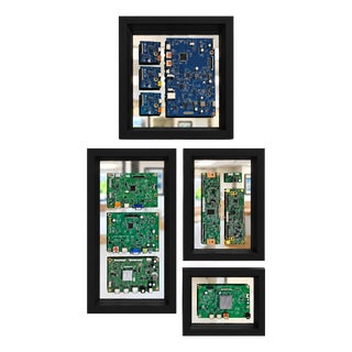 Authentic Vintage Computer Circuit Board Art on Mirror Set of Four / Black Shadowbox Frames For Sale