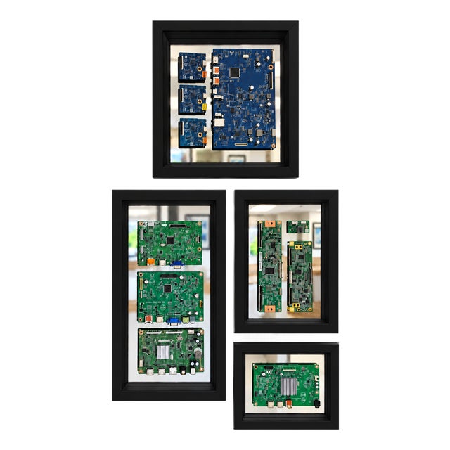 Authentic Vintage Computer Circuit Board Art on Mirror Set of Four / Black Shadowbox Frames For Sale