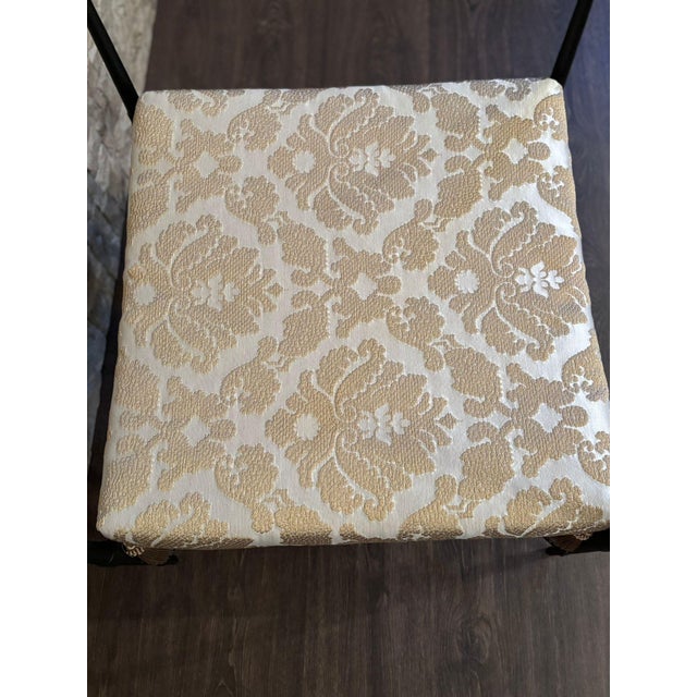 New Black Wrought Iron Curule Bench with Damask Gold & White Fabric For Sale In Miami - Image 6 of 18
