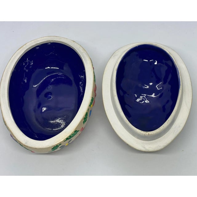 Ceramic Vintage Black Bird Mold Inc. Hand Painted Multicolored Ceramic Egg Shaped Lidded Box For Sale - Image 7 of 13