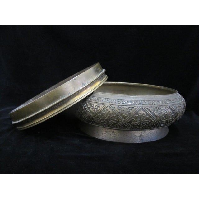 Metal Antique Persian Large Heavily Etched Brass Bowl With Lid or Stand For Sale - Image 7 of 11