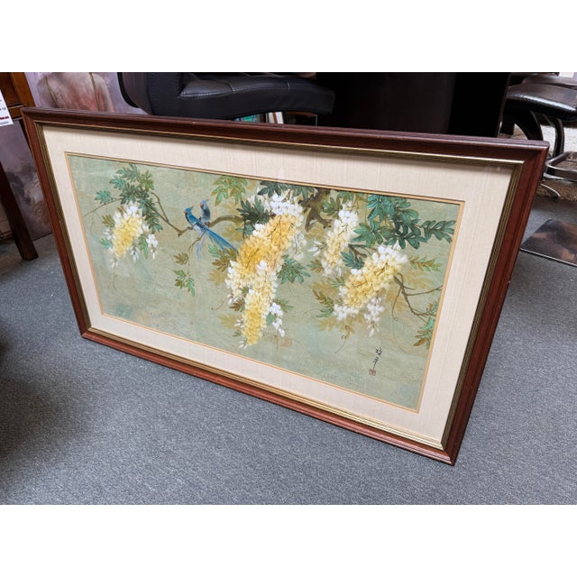 Asian Asian Style Artwork Bird on Flower Composition, Signed For Sale - Image 3 of 12