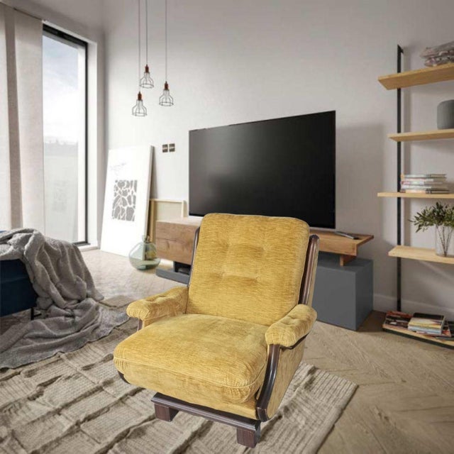 Armchair in Yellow Velvet and Wood, 1960s For Sale - Image 6 of 6