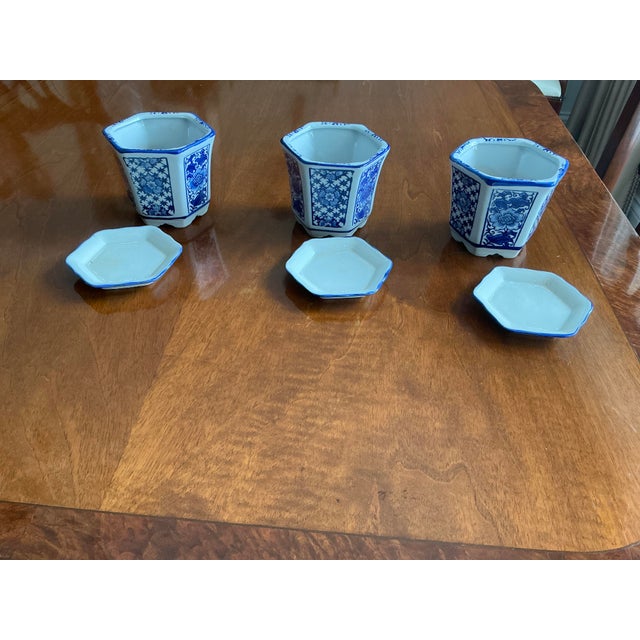 Blue & White Petite Hexagonal Floral PlantersWith Marching Drip Trays Set of 3 For Sale In Chicago - Image 6 of 9