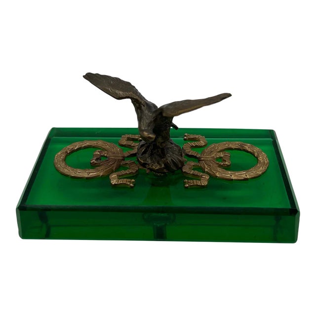 Antique French Empire Style Gilt Eagle Motif & Emerald Glass Paperweight For Sale