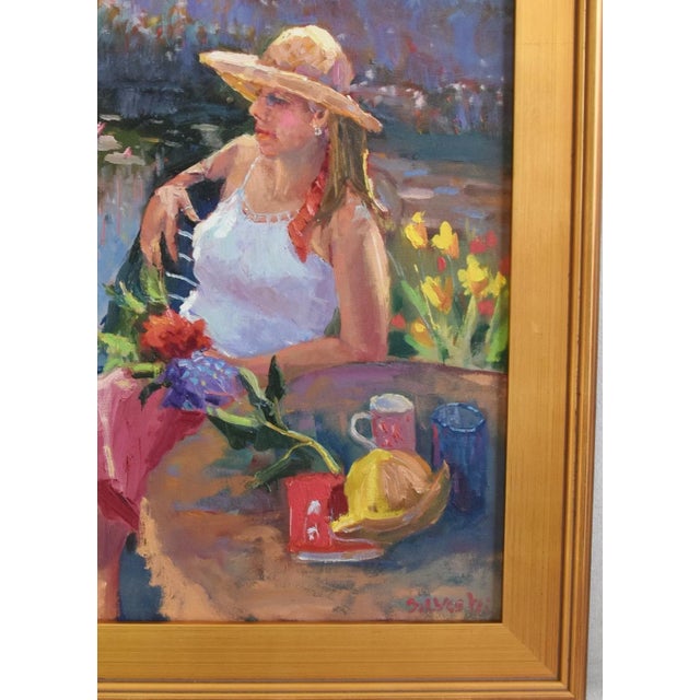 Woman with flowers oil painting on stretched artist canvas by listed artist Silvio Silvestri (1948-2018.) Silvestri was a...