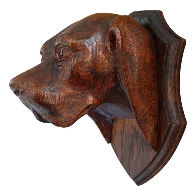 Black Forest Hand-Carved Dog Head Plaque in Wood, 1890s For Sale