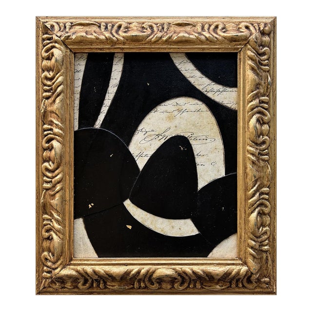 Contemporary Black and White "Curve" Paper Collage in Vintage Frame For Sale