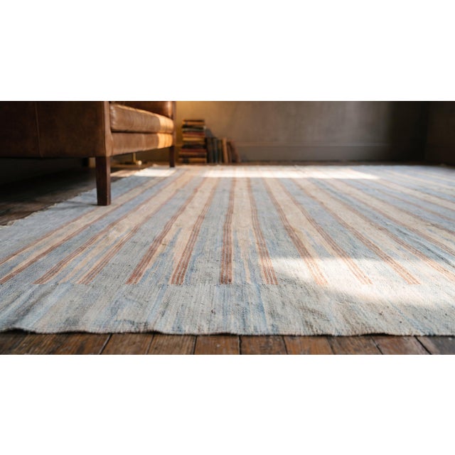 1920s Splendid Sky Blue Ground Color & Narrow Horizontal Line Pattern Antique Indian Cotton Dhurrie Rug For Sale - Image 5 of 7