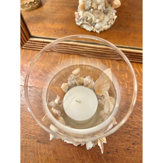 Coastal Palm Beach Handcrafted Seashell Encrusted Glass Hurricane Candle Holder For Sale - Image 9 of 11