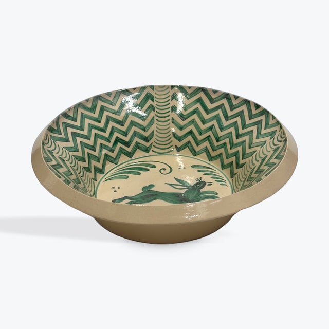 Large Spanish handmade and painted white and green glazed terracotta "lebrillo" earthenware bowl in the style typical of...