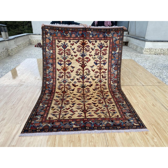 Ivory Vintage Afghan Tree of Life Bird Rug in Ivory, Indigo and Madder Red For Sale - Image 8 of 9
