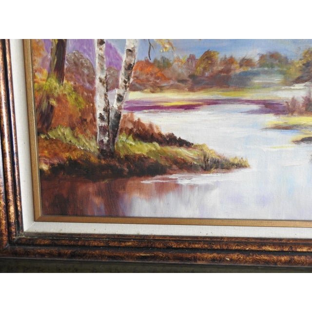 Late 20th-Century Idealization Landscape Autumn Birch River & Mountain Oil Painting – Signed Ayj For Sale In San Francisco - Image 6 of 9