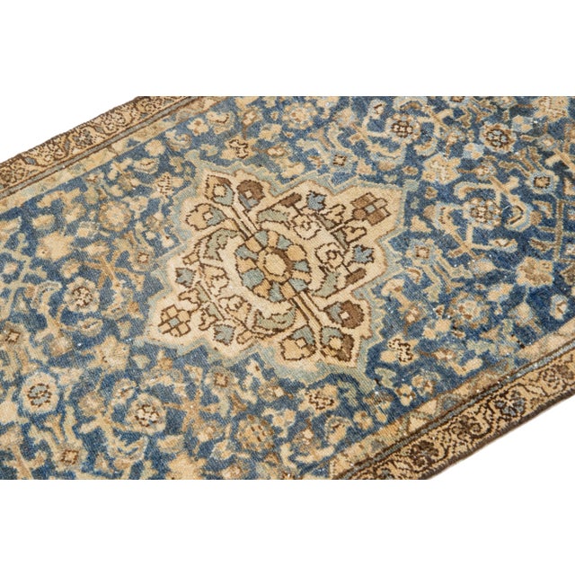 Medallion Antique Persian Hamadan Wool Rug in Blue For Sale In New York - Image 6 of 7