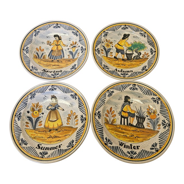 Charming 1940s Majolica Wall Plates of the Four Seasons Signed Marife - Set of 4 For Sale