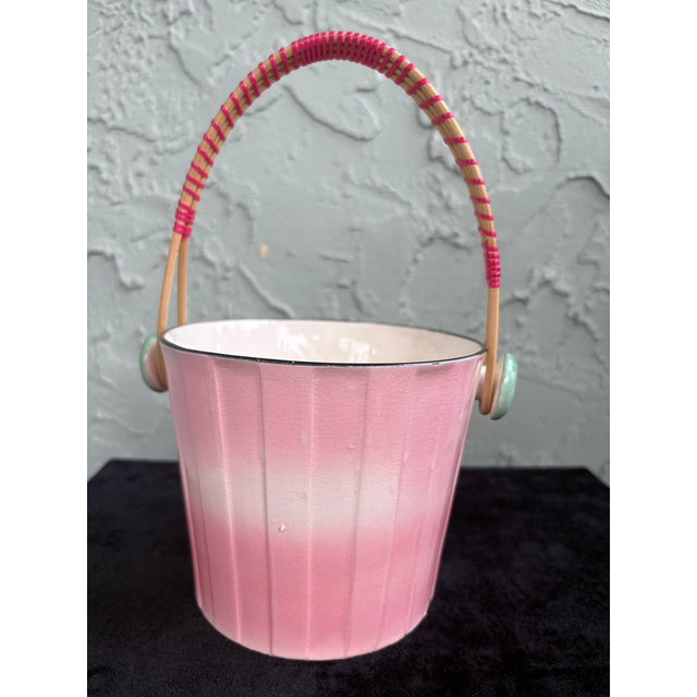 Vintage Hand-Painted Ceramic Candy Bucket With Wrapped Handle, Pink Ombre Finish For Sale - Image 4 of 11