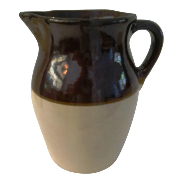 Large Mid-Century Dipped Stoneware Rustic Country Pitcher For Sale