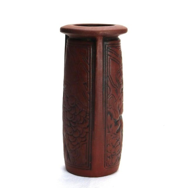 Antique Arts & Crafts Embossed Paneled Grape & Leaf Redware Pottery Vase C1920 For Sale - Image 4 of 9
