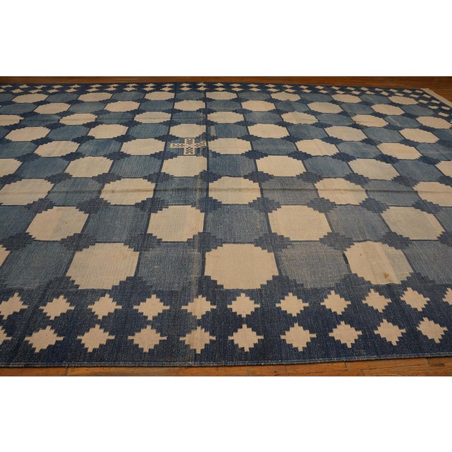 Blue 1930s Blue White Octagonal Antique Indian Cotton Dhurrie Rug 12'3" X 19' Flat Weave Cotton Carpet For Sale - Image 8 of 17
