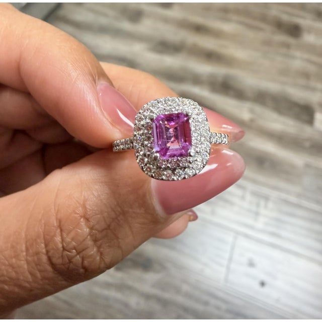 Gia Certified 1.28 Natural Pink Sapphire Diamond White Gold Engagement Ring, Size 6 For Sale In Los Angeles - Image 6 of 10