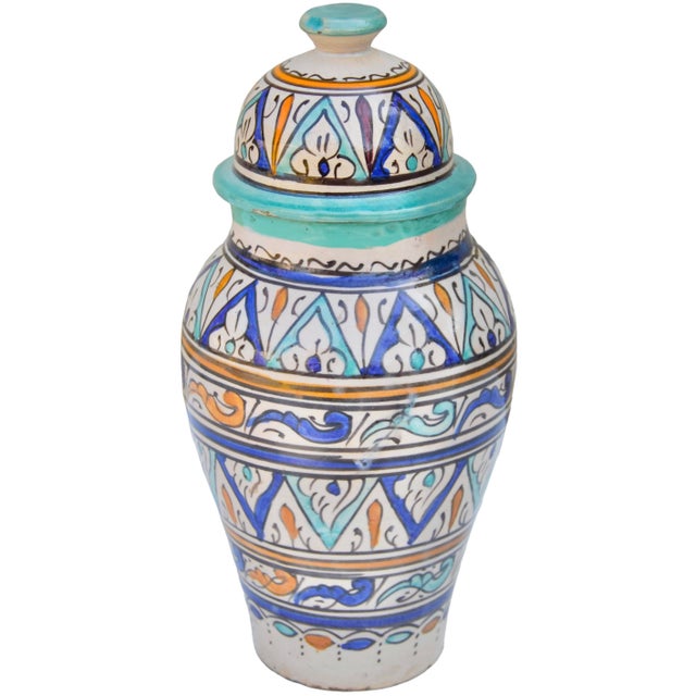 Early 20th Century Handmade Colorful Moroccan Ceramic-Art Lidded Vase For Sale - Image 4 of 12
