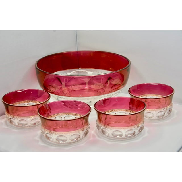 Indiana Glass Company 1960s Faceted Flashed Cranberry Red Kings Crown Tiffin Bowl Set- 5 Pieces For Sale - Image 4 of 6