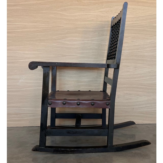 Animal Skin 19th Century Spanish Pair of Rocking Carved Armchairs With Leather Seat & Back For Sale - Image 7 of 12