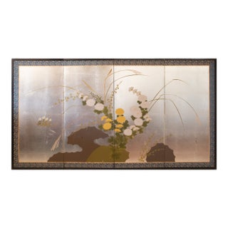 1970s Shōwa Era Japanese Byobu Screen "Chrysanthemums" on Silver Background For Sale