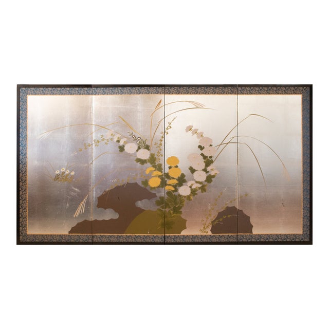 1970s Shōwa Era Japanese Byobu Screen "Chrysanthemums" on Silver Background For Sale