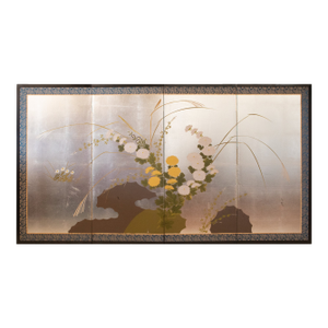 1970s Shōwa Era Japanese Byobu Screen "Chrysanthemums" on Silver Background