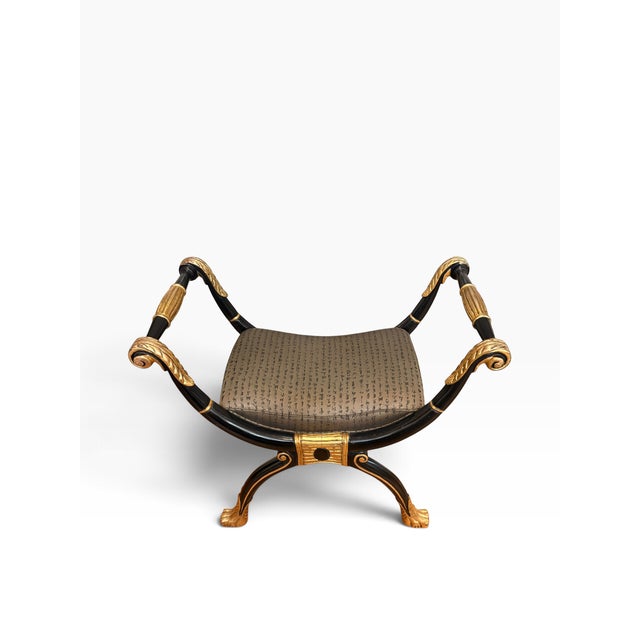 Vintage Maitland-Smith Neoclassical Black & Gilt Curule Bench With Asian Calligraphy Upholstery For Sale - Image 9 of 14