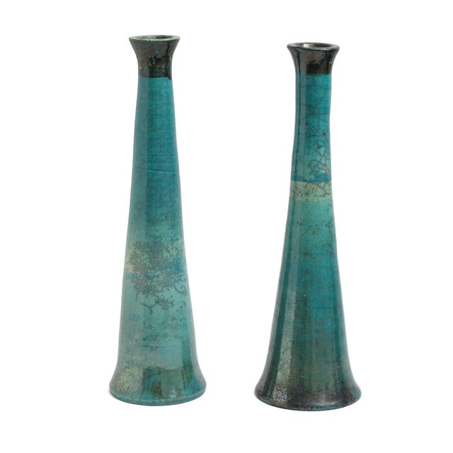 Contemporary Japanese Modern Black Green Tamu Raku Ceramic Candle Holders by Laab Milano, Set of 2 For Sale - Image 3 of 15