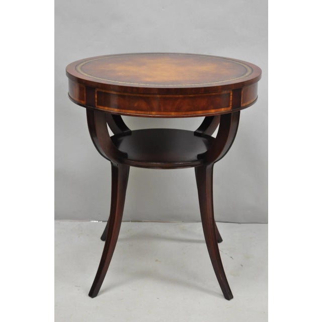 Traditional Vintage Weiman French Regency Round Mahogany Leather Top Saber Leg Side Table For Sale - Image 3 of 11