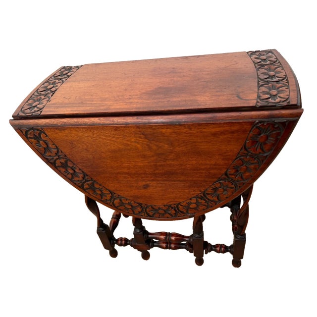 Antique Oval Gate Leg Kitchen Table Drop Side Leaf Carved Mahogany Barley Twist For Sale In Palm Springs - Image 6 of 13