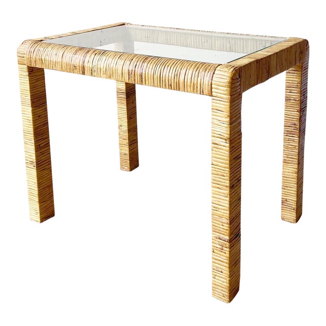 Vintage Boho Chic Rattan Glass Top Side Table Chairish