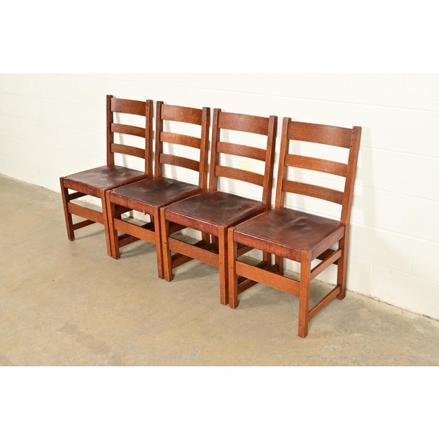 L. & J.G. Stickley, Inc. L. & J. G. Stickley Antique Mission Oak Arts & Crafts Ladder Back Dining Chairs | Set of Four For Sale - Image 4 of 16