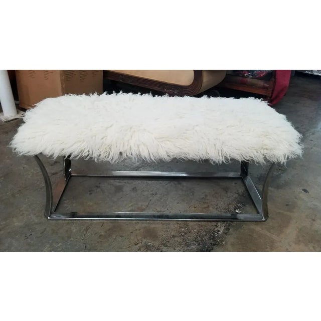 Metal 1970's Mid-Century Modern Chrome Flared Leg Bench With Sheepskin Upholstery For Sale - Image 7 of 7