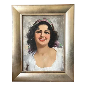 Original Vintage Italian Oil Painting Portrait of a Beautiful Girl by Enrico Frattini Circa 1950