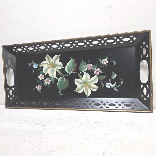 Mid Century Toleware Floral Tray Bar Cart Sever Black Oblong For Sale - Image 10 of 15