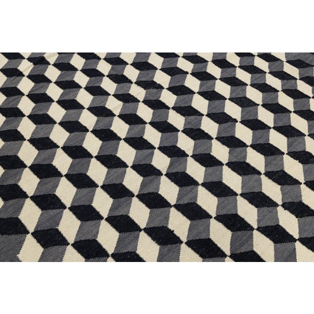 Modernist Navajo Style Geometric Flatweave Wool Rug With Optical Cube Pattern For Sale - Image 12 of 12