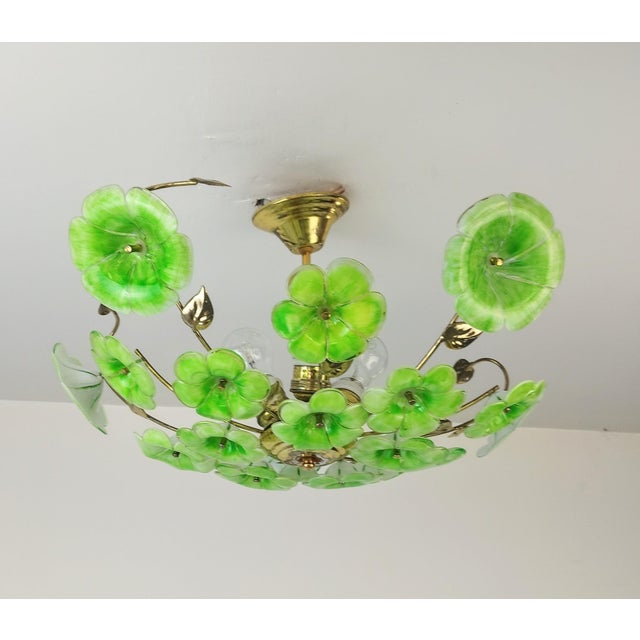 Green Vintage Green Murano Styled Glass Flush Mount Chandelier Floral Ceiling Light – Hand Painted 1970s For Sale - Image 8 of 11