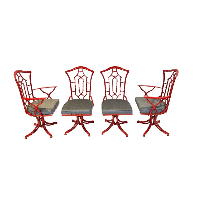 Vintage cast aluminum indoor/outdoor faux bamboo dining set in the manner of Phyllis Morris for Kessler Industries. With a...