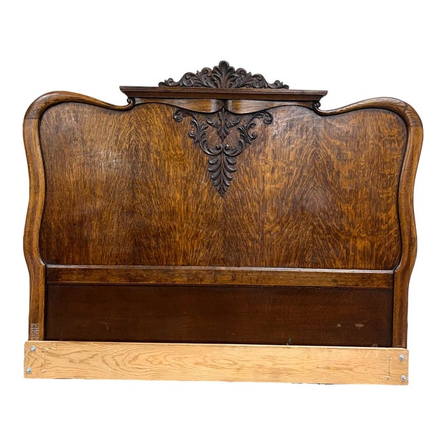 Vintage Queen or Full Size French Rococo Louis XV Style Tiger Oak Headboard For Sale