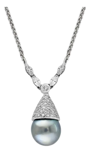 14 mm Black Round Tahitian Pearl & 2 Ct Diamond 14 Kt Gold Pendant /Necklace