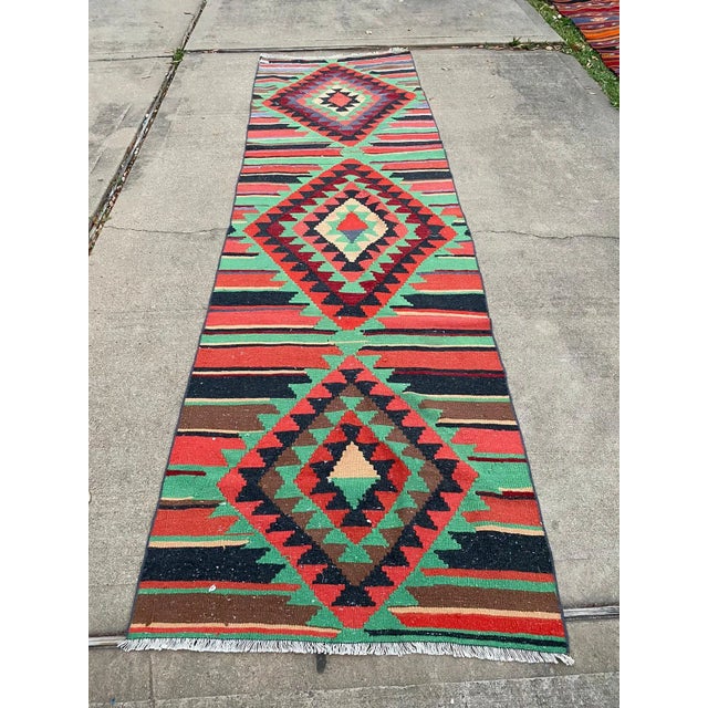 Green Vintage Nomadic Diamond Pattern Green Flatweave Runner Rug For Sale - Image 8 of 8