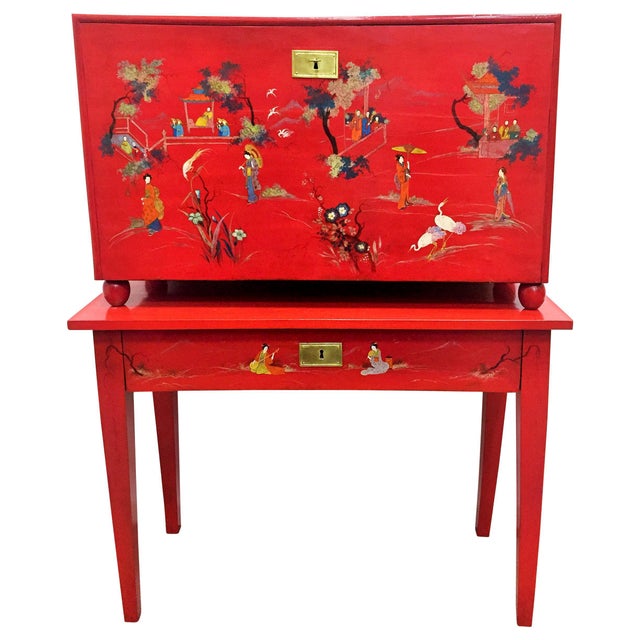 Mid 20th Century Japanese Style Red Lacquer Fall-Front Chest, 20th Century For Sale - Image 5 of 5