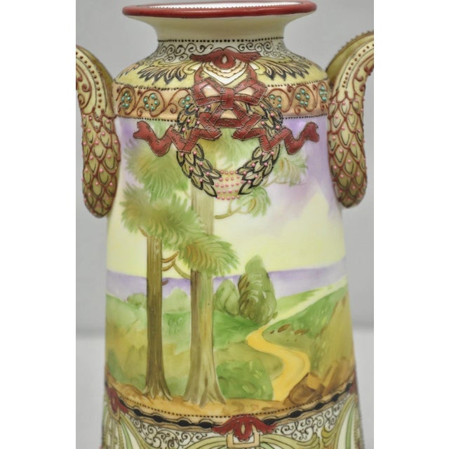 Ceramic Antique Nippon Hand Painted Porcelain Countryside Moriage Tall Twin Handle Vase For Sale - Image 7 of 18