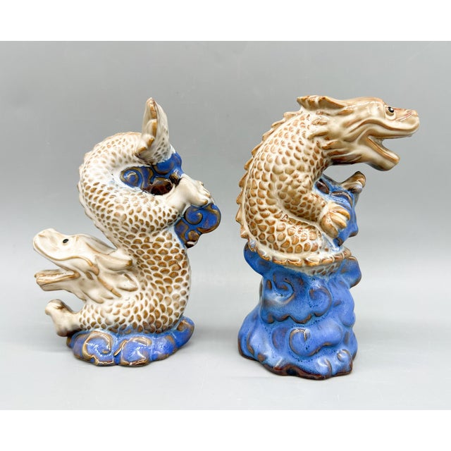 Mid-Century Modern Pair of Vintage Ceramic Asian Style Dragons on Cobalt Blue Waves – Sculptural Figurines - Chinoiserie, Mid Century Modern Eclectic, Hollywood Regency For Sale - Image 3 of 13